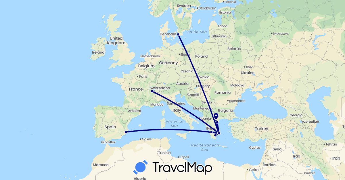 TravelMap itinerary: driving in Switzerland, Spain, Greece, Sweden (Europe)